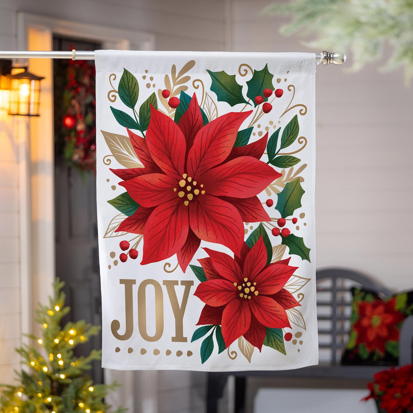 Joy Poinsettia Printed Burlap House Flag; Polyester 28"x44"