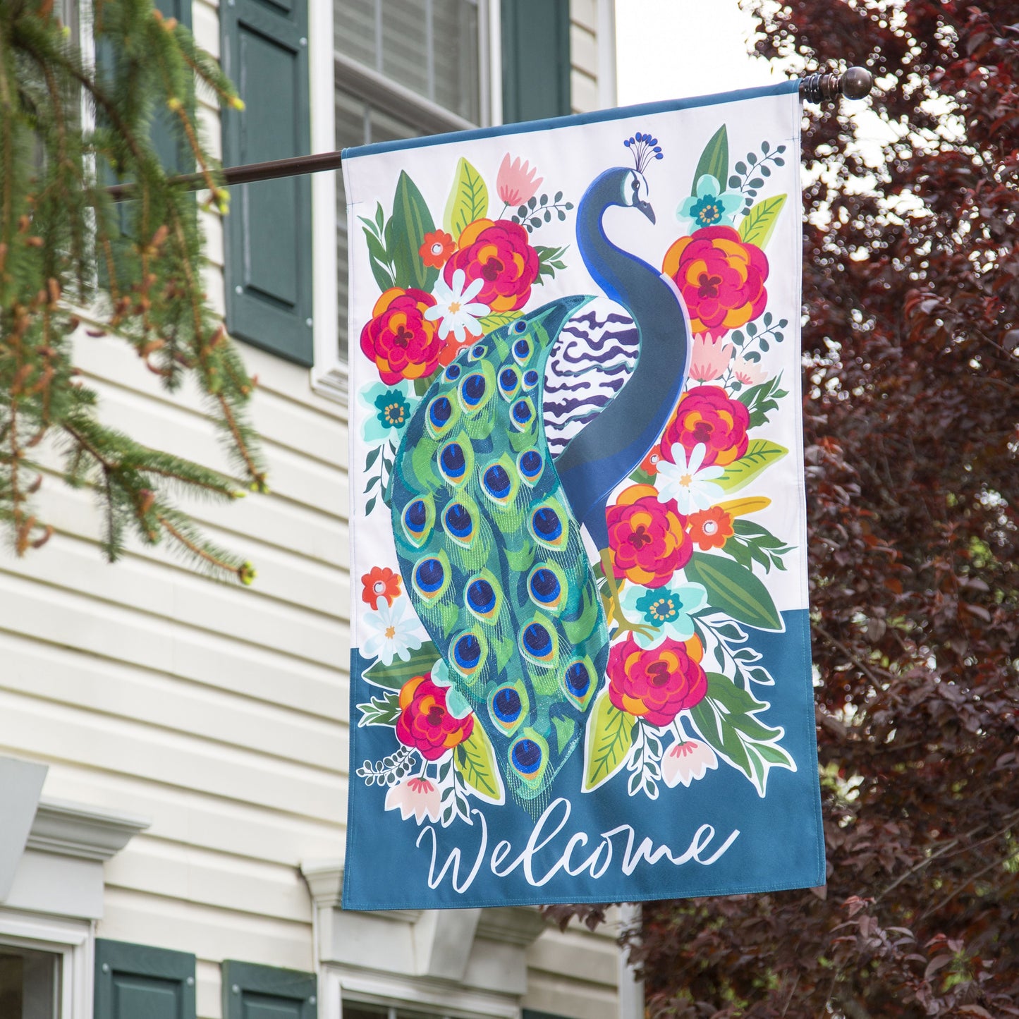 Floral Peacock Printed House Flag; Linen-Polyester 28"x44"
