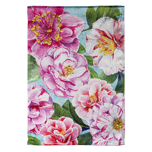 Pink Camellias Lustre House Flag; Polyester