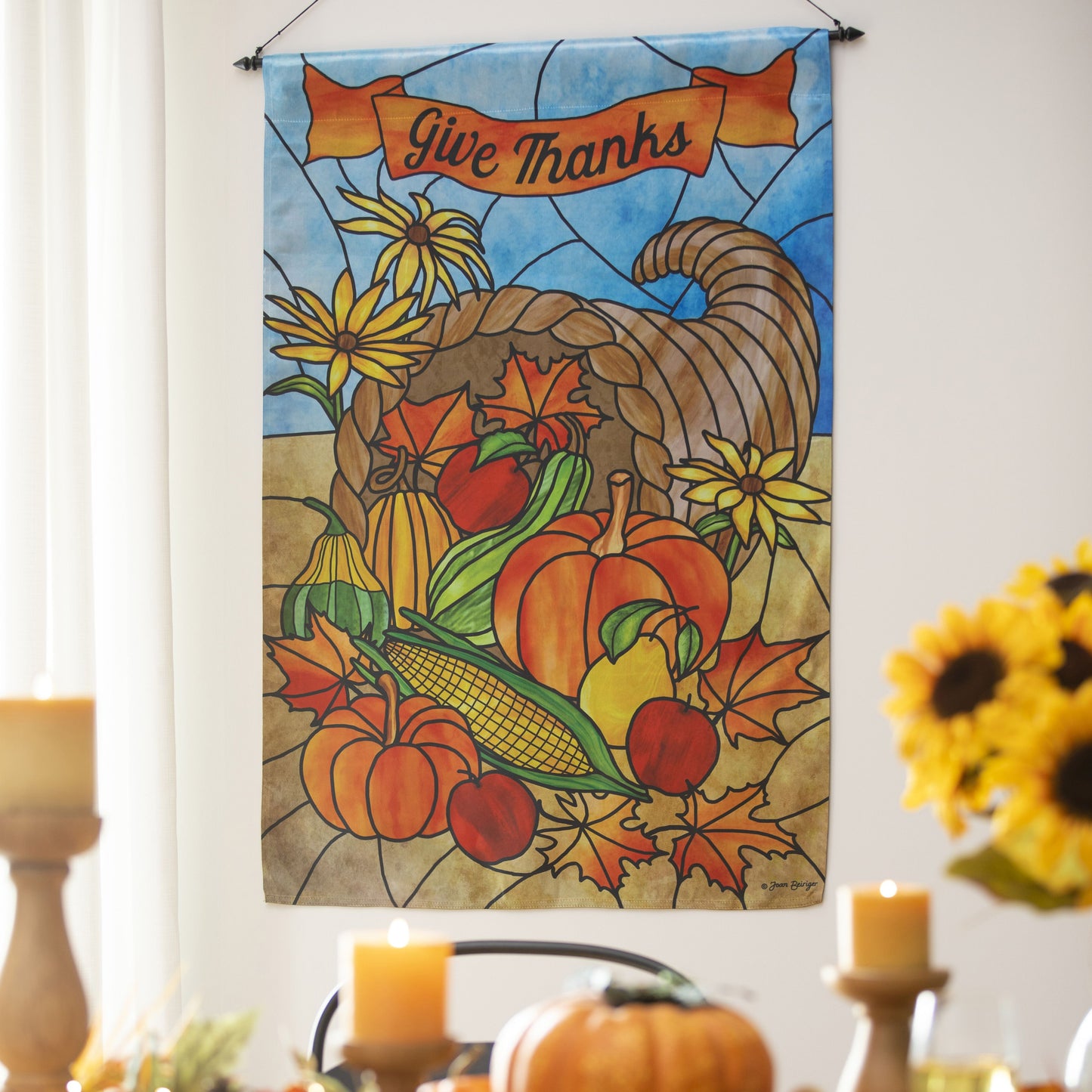 Stained Glass Cornucopia Printed Lustre House Flag; Linen Textured Polyester 29"x43"