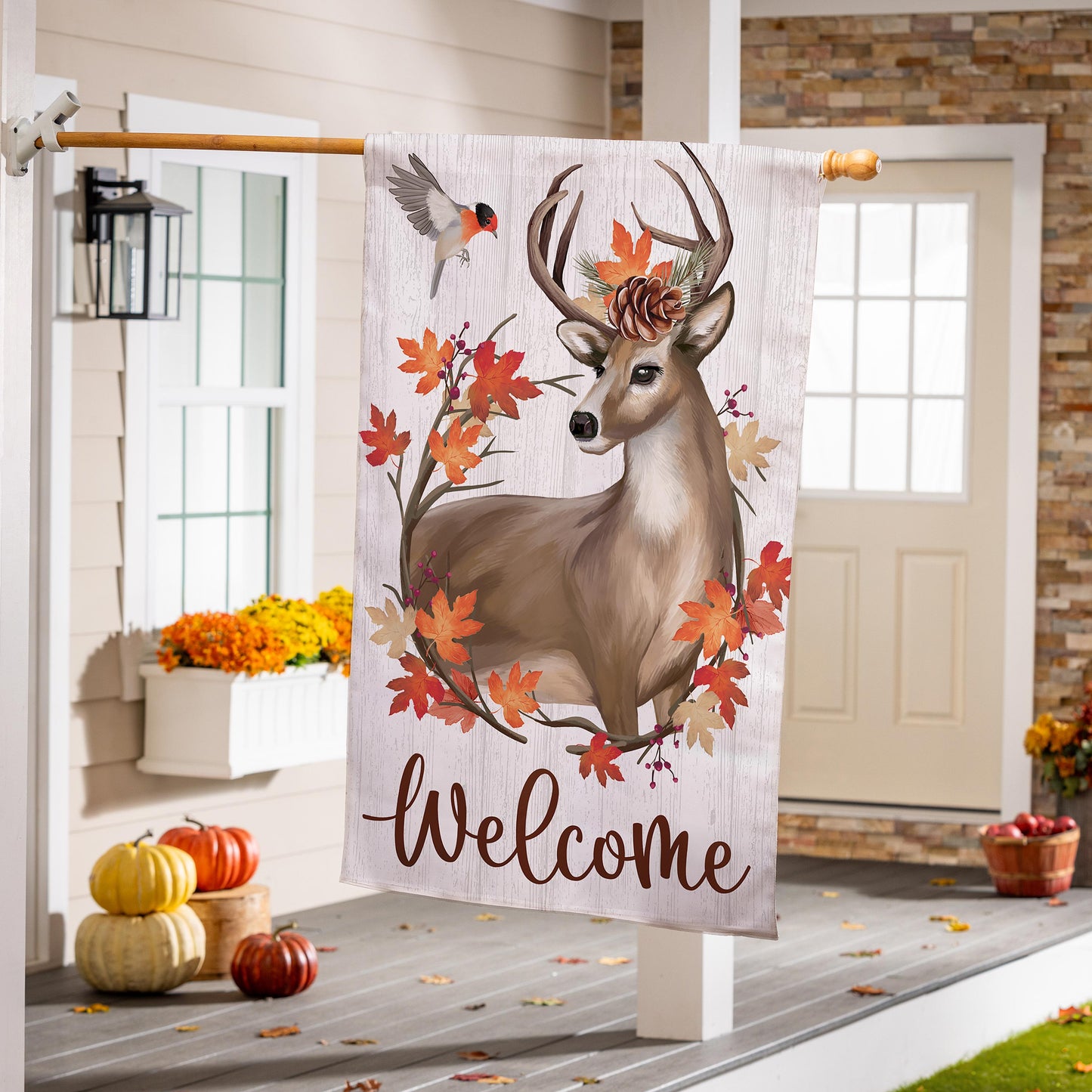 Autumn Deer Wreath House Flag Moire Polyester 28"x44"