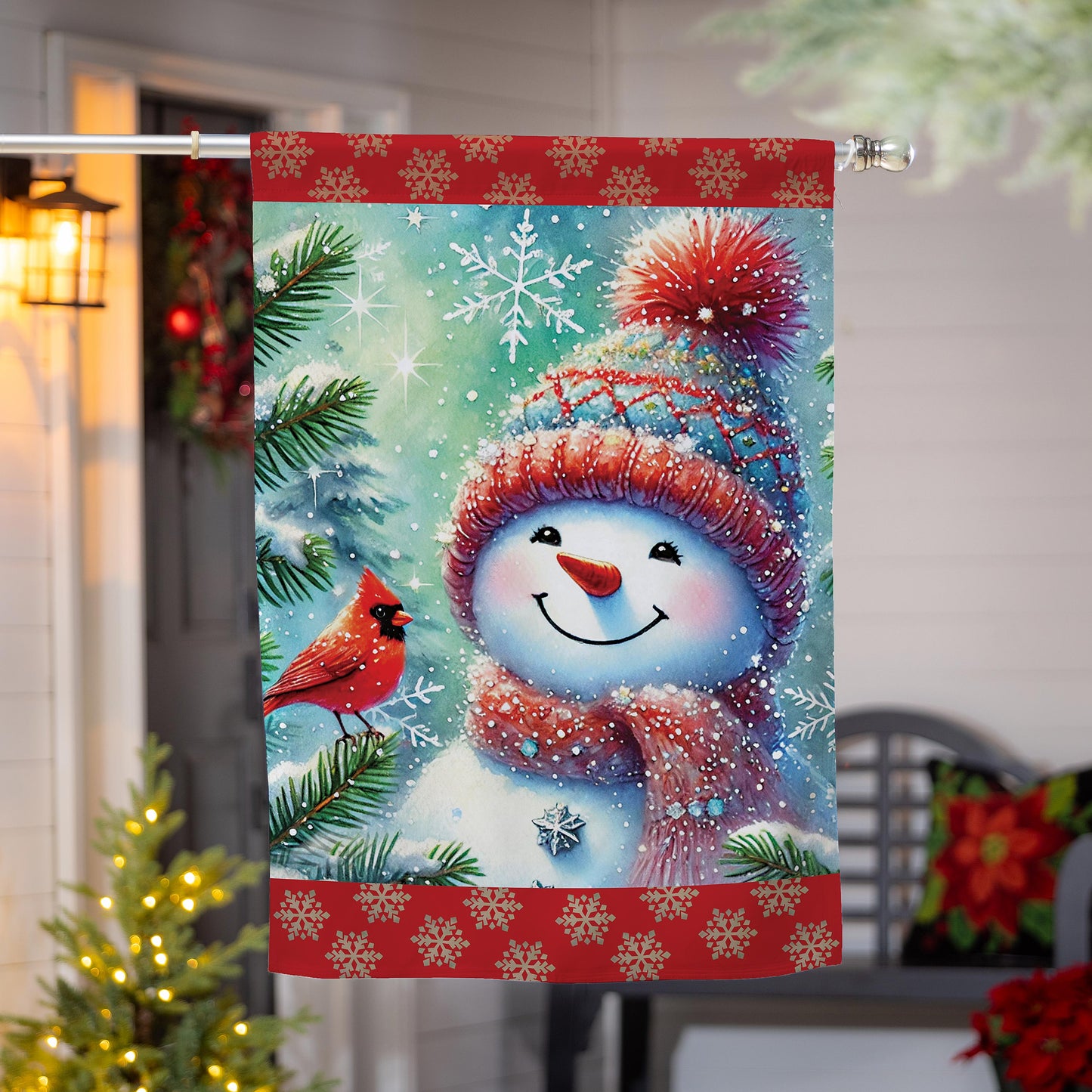 Snowman with Cardinal Friend Suede House Flag; Polyester 29"x43"