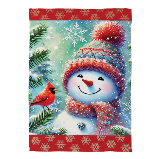 Snowman with Cardinal Friend Suede House Flag; Polyester 29"x43"