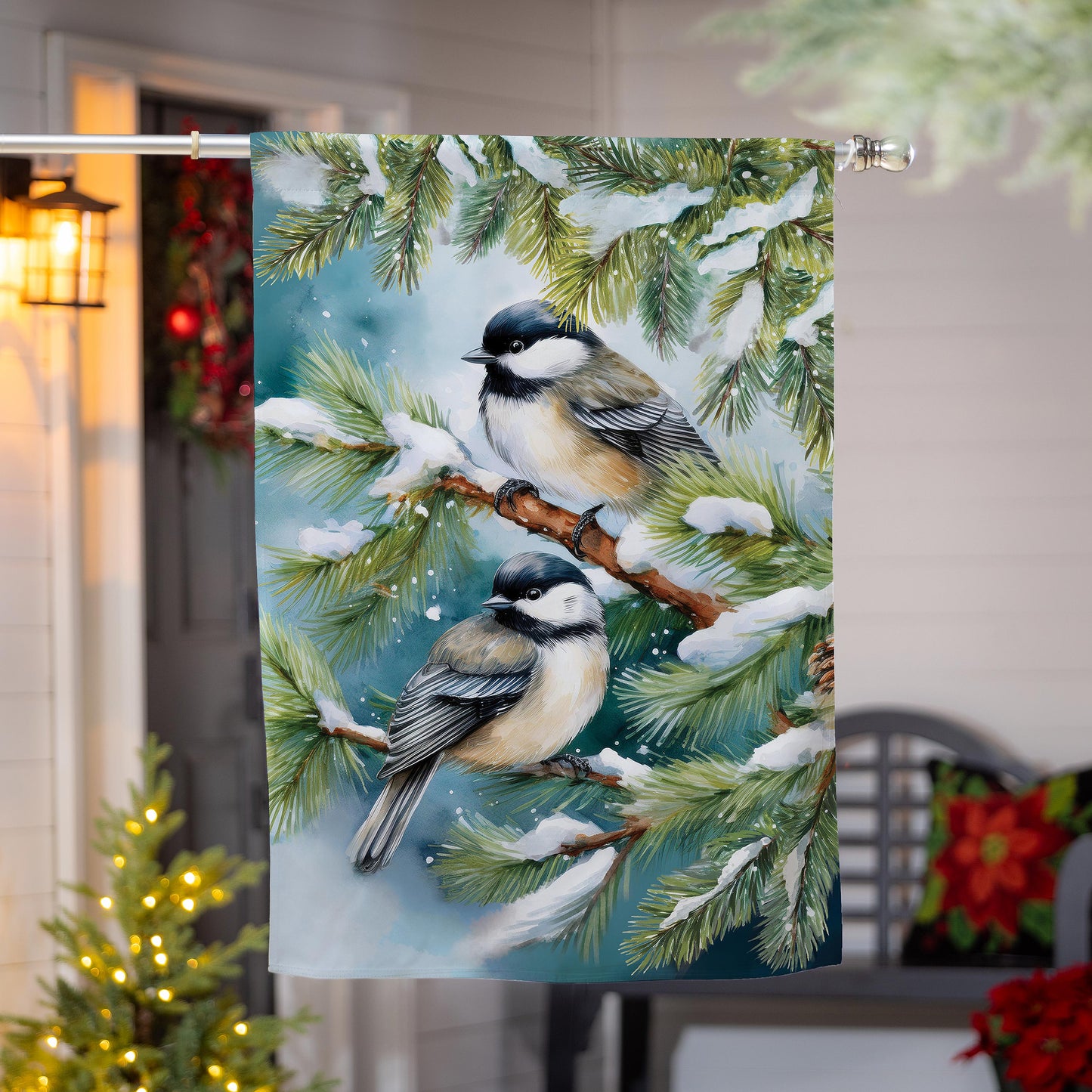 Winter Chickadee Friends Suede House Flag; Polyester 29"x43"