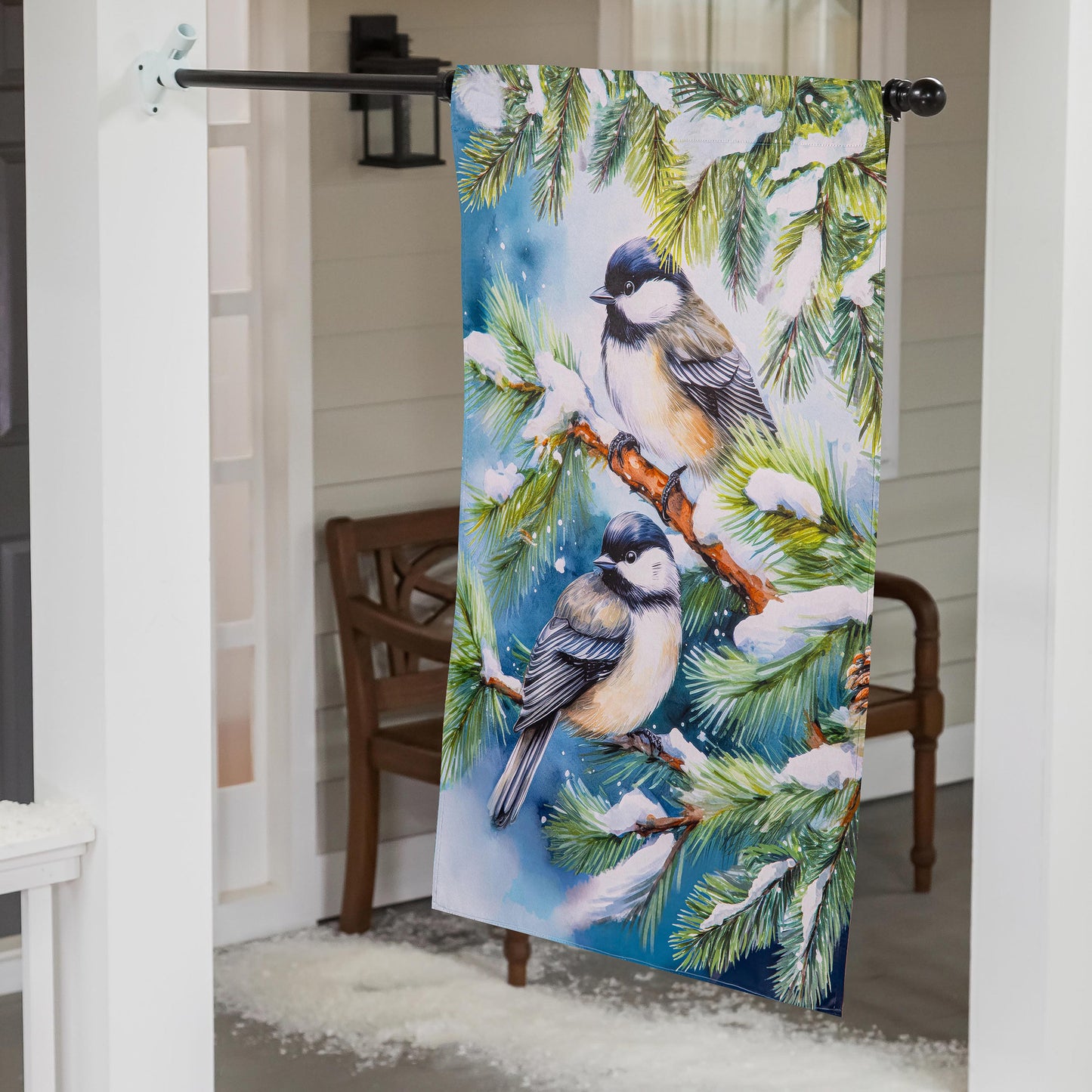 Winter Chickadee Friends Suede House Flag; Polyester 29"x43"