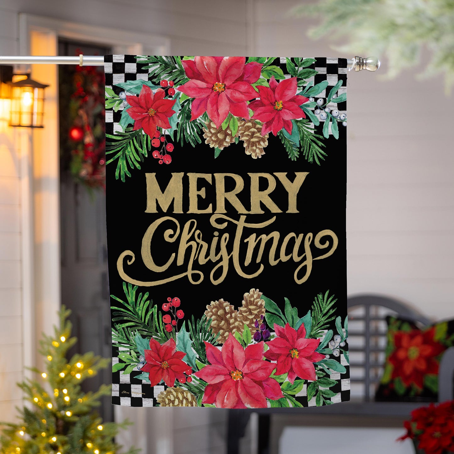 Floral Checkered Merry Christmas Suede House Flag; Polyester 29"x43"