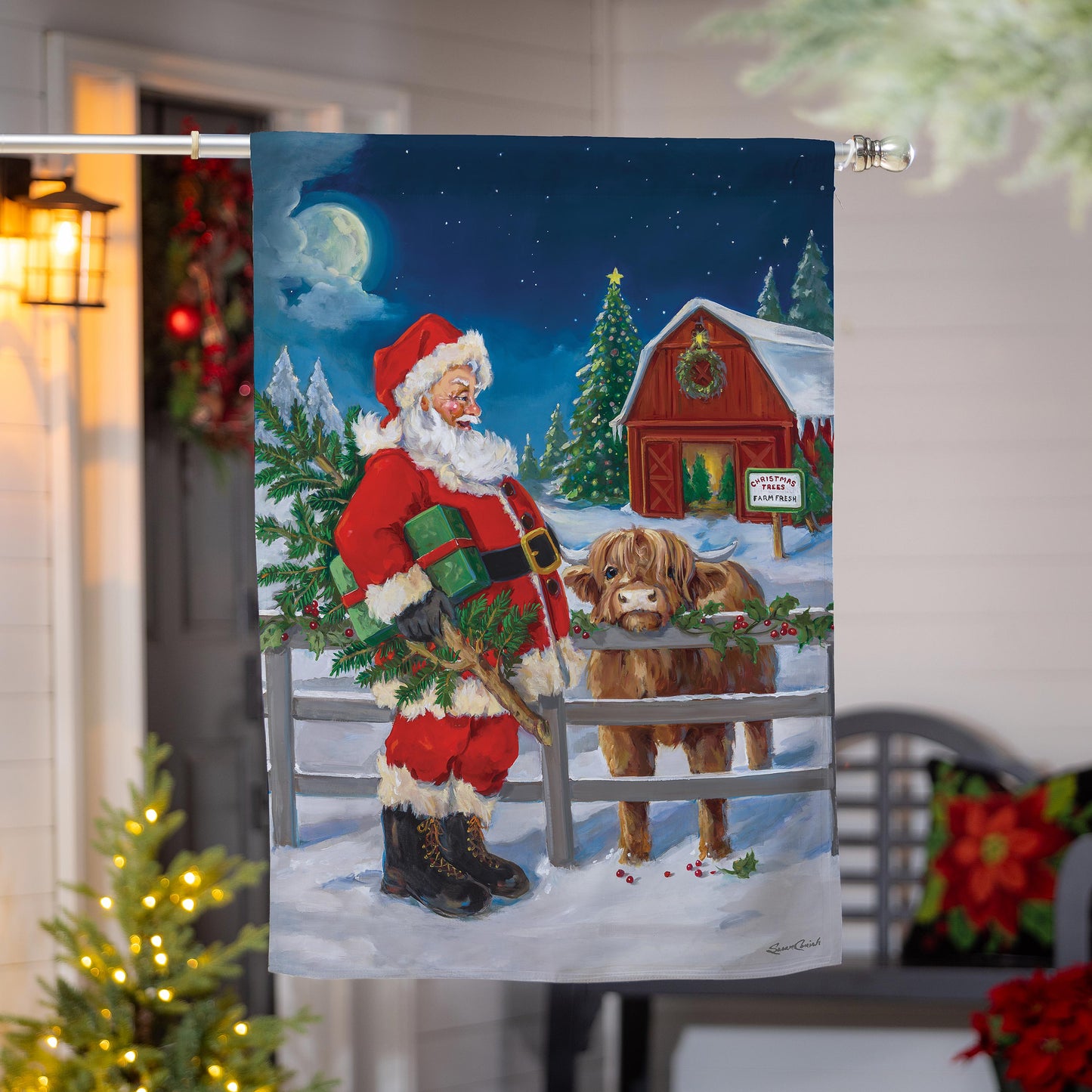 Santa & Highland Cow Suede House Flag; Polyester 29"x43"