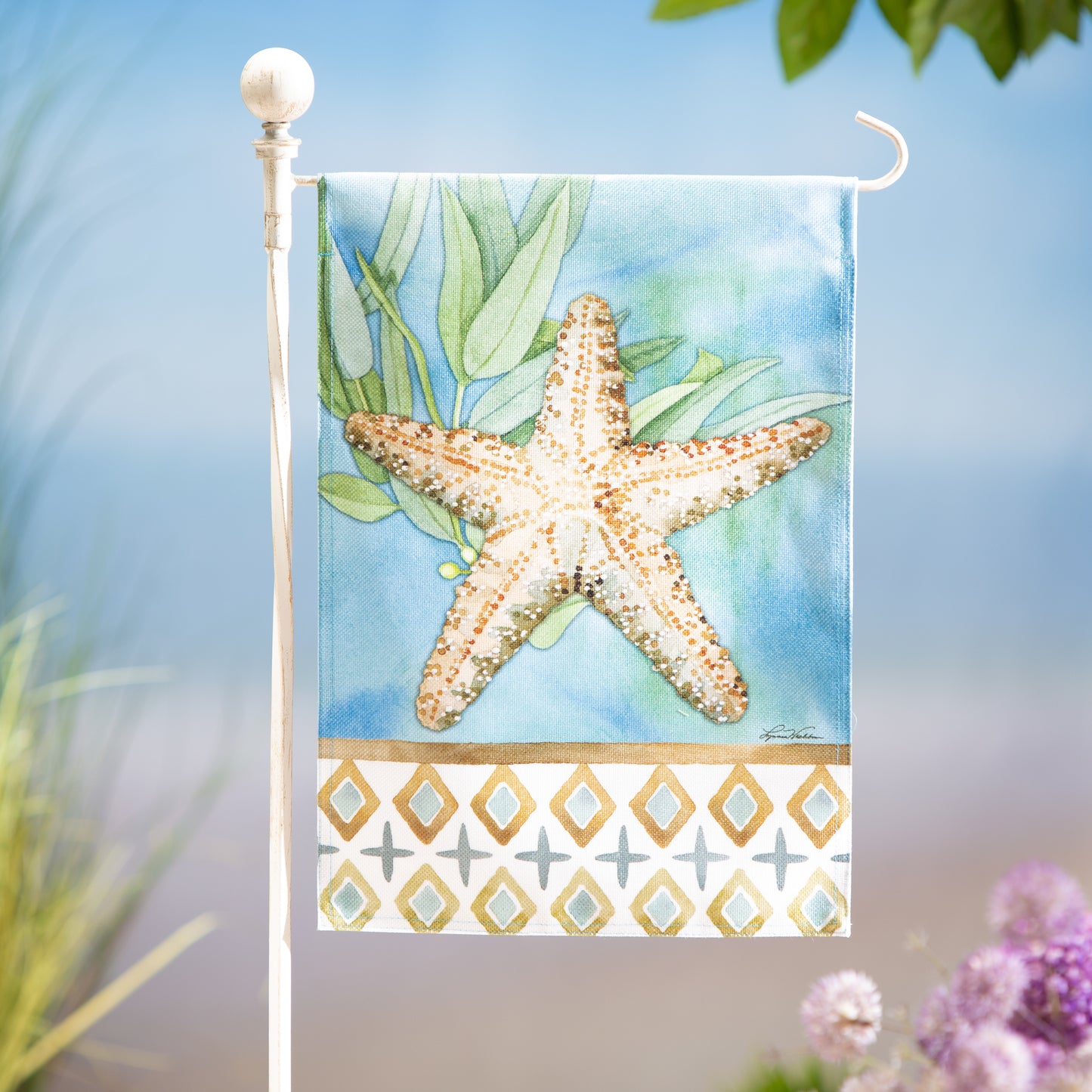 Coastal Starfish Printed Burlap Garden Flag; Polyester 12.5"x18"