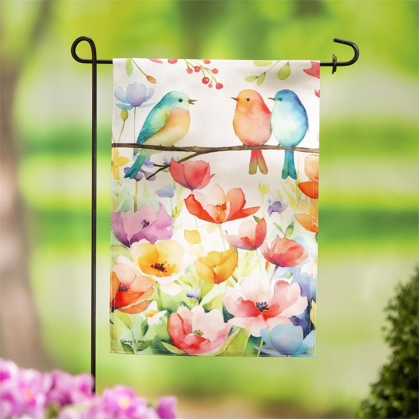 Bird Talk Burlap Garden Flag; Polyester