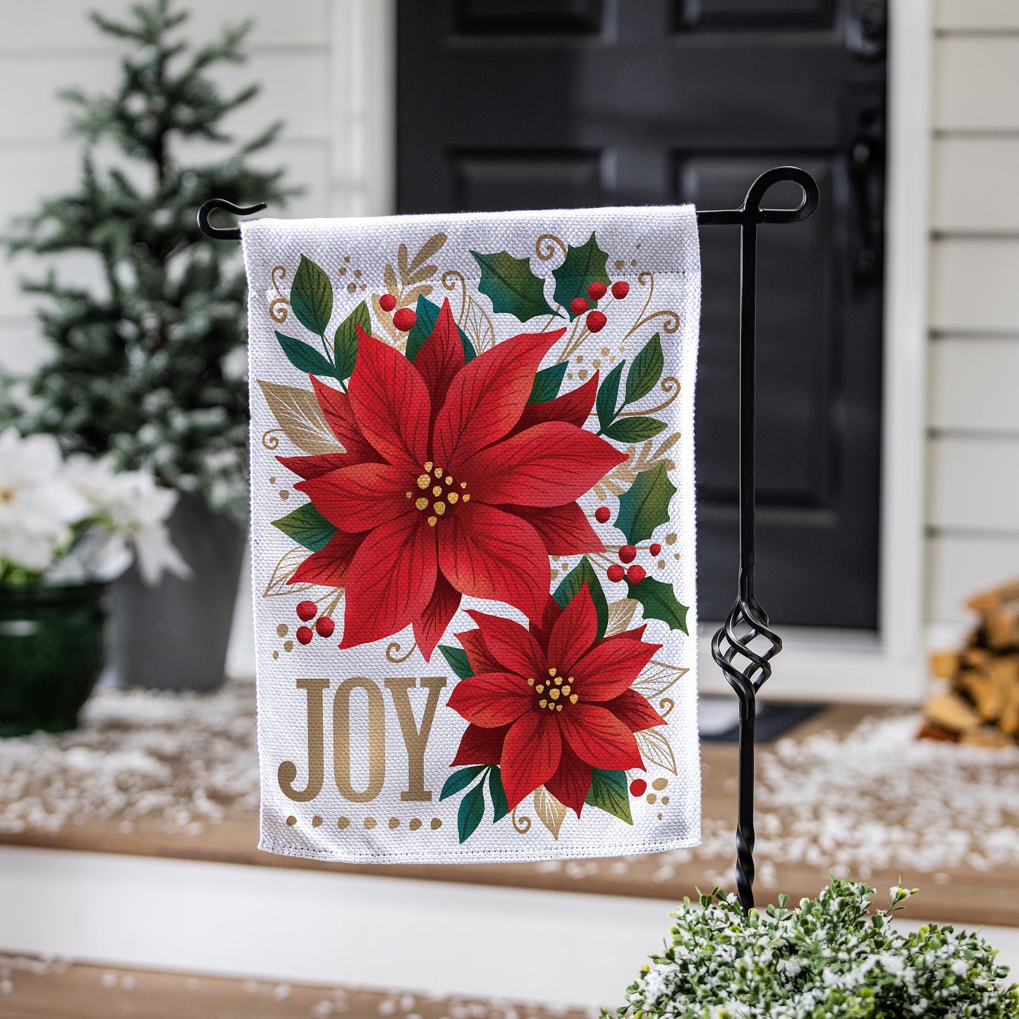 Joy Poinsettia Burlap Garden Flag; Polyester 12.5"x18"