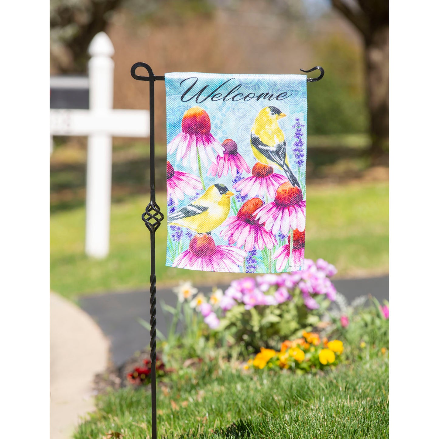 Bright Flowers and Finches Garden Flag