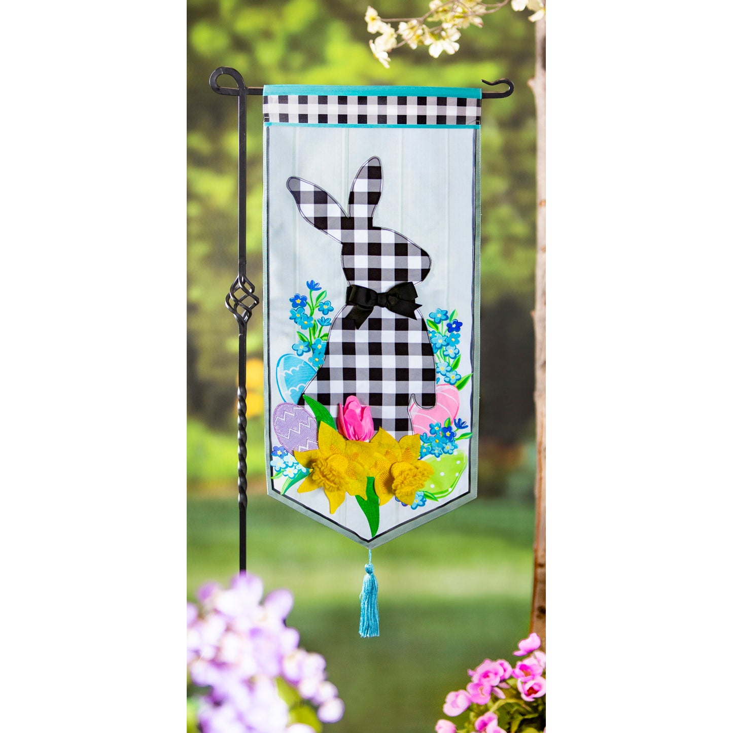Gingham Easter Bunny Printed Everlasting Impressions Garden Flag; Polyester-Linen Blend 12.5"x28"