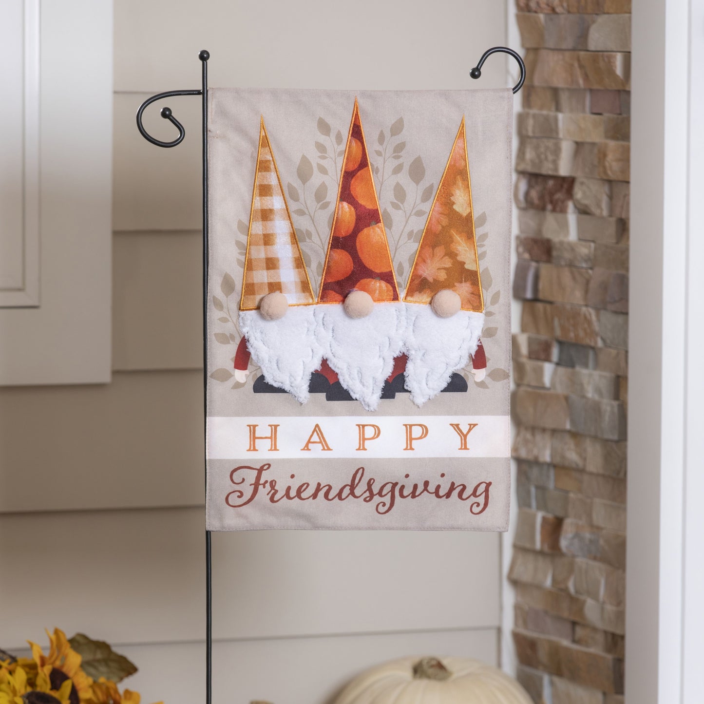 Happy Friendsgiving Gnomes Garden Flag; Linen Textured Polyester 12.5"x18"