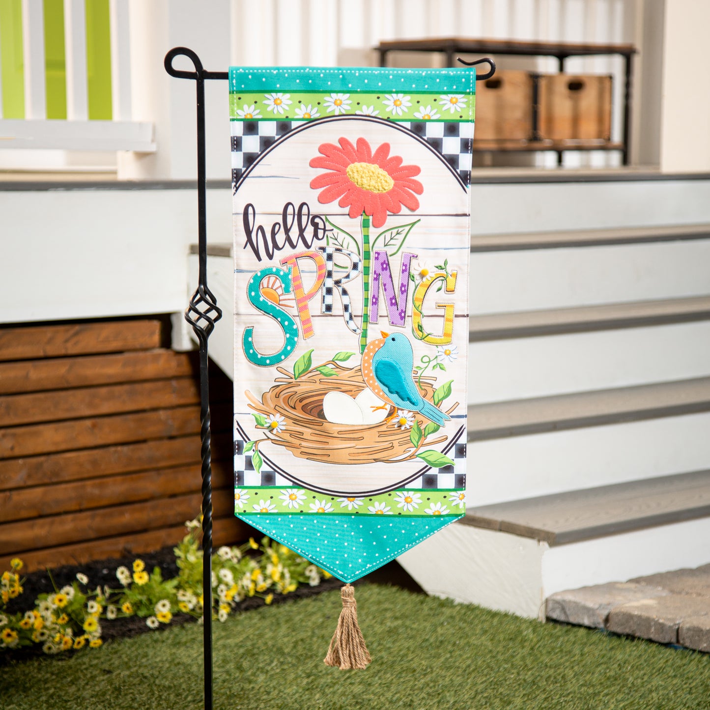 Hello Spring Everlasting Impressions Garden Flag; Polyester-Linen Blend 12.5"x28"