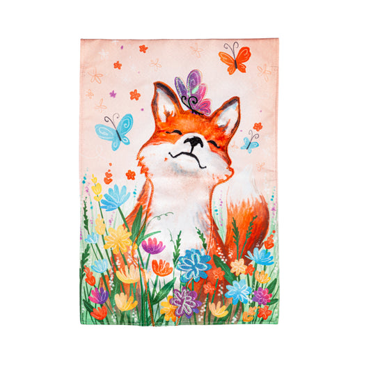Fox and Wildflowers Garden Flag; Linen Textured Polyester