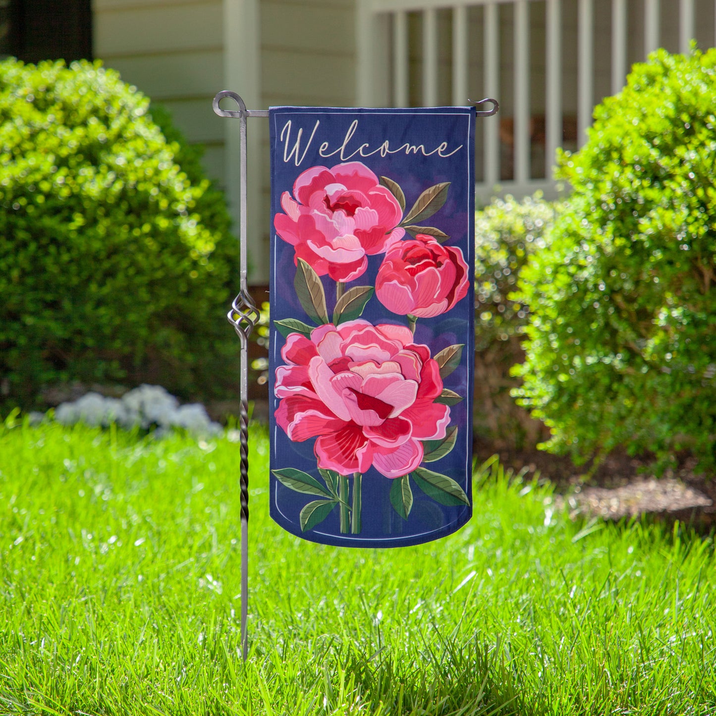 Peony Garden Welcome Everlasting Impressions Garden Flag; Polyester-Linen Blend 12.5"x28"