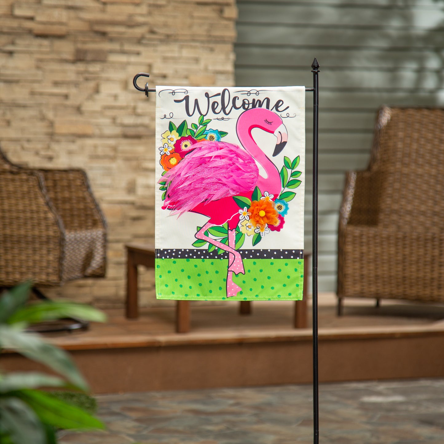 Floral Flamingo Welcome Garden Flag; Linen-Polyester 12.5"x18"