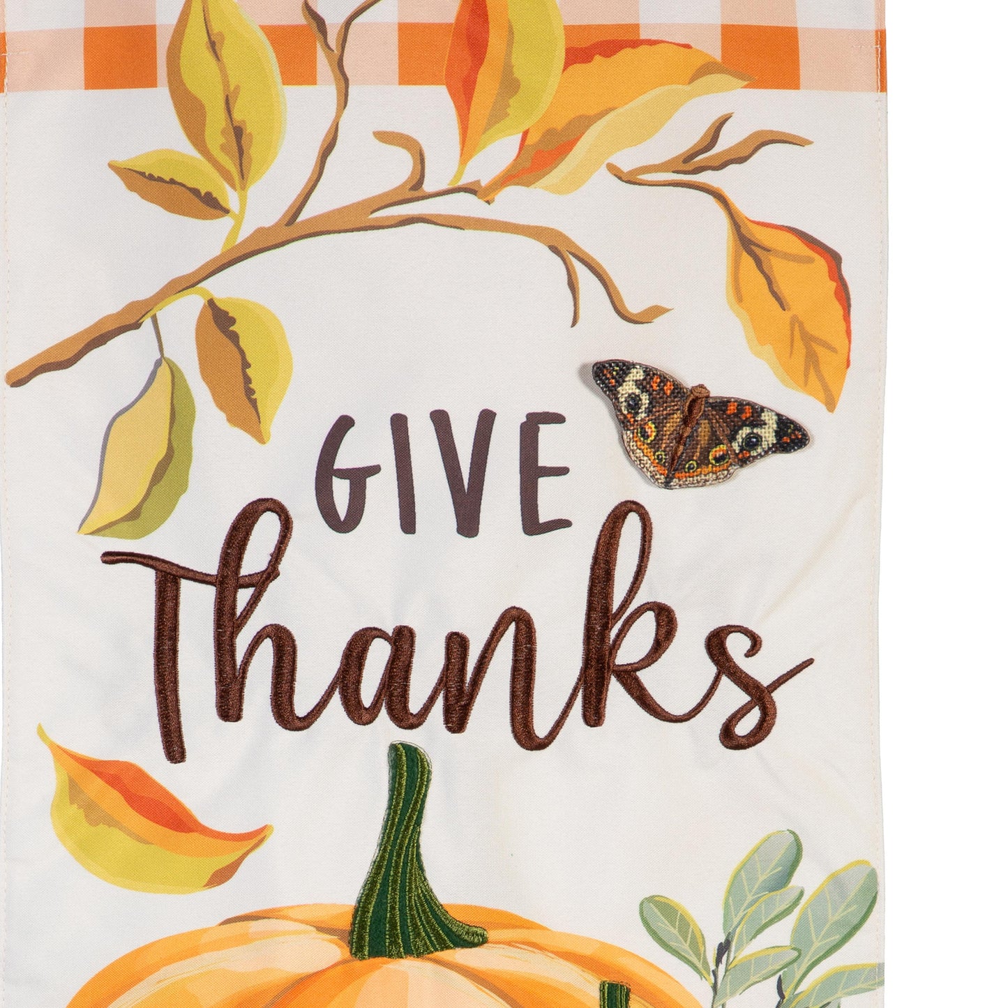 Give Thanks Pumpkins Everlasting Impressions Garden Flag; Polyester-Linen Blend 12.5"x28"