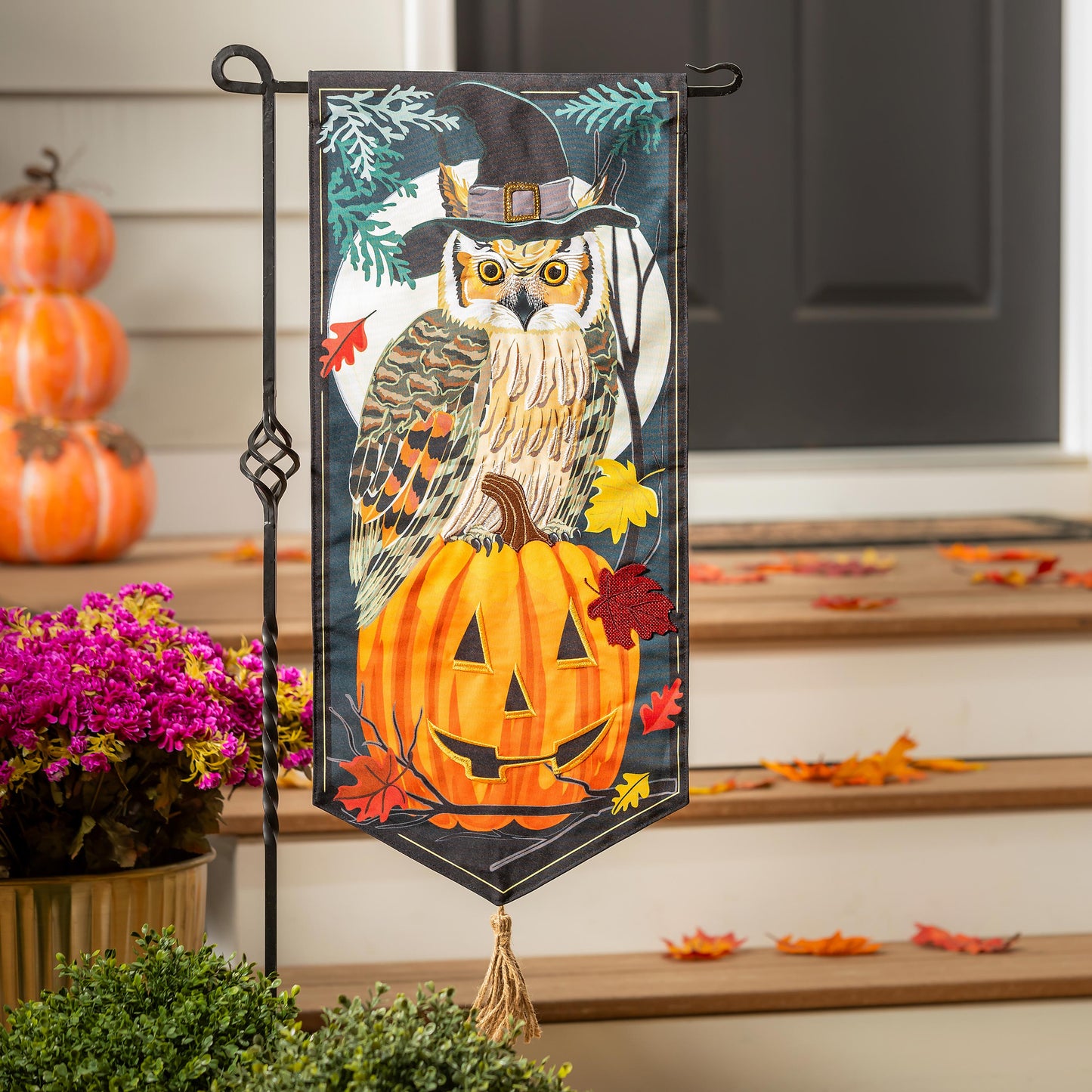Halloween Night Owl Everlasting Impressions Garden Flag; Polyester-Linen Blend 12.5"x28"