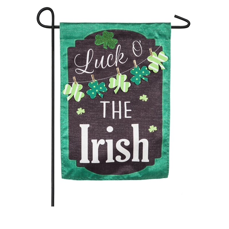 St.Patricks Day Chalkboard Applique Garden Flag; Linen Textured Polyester