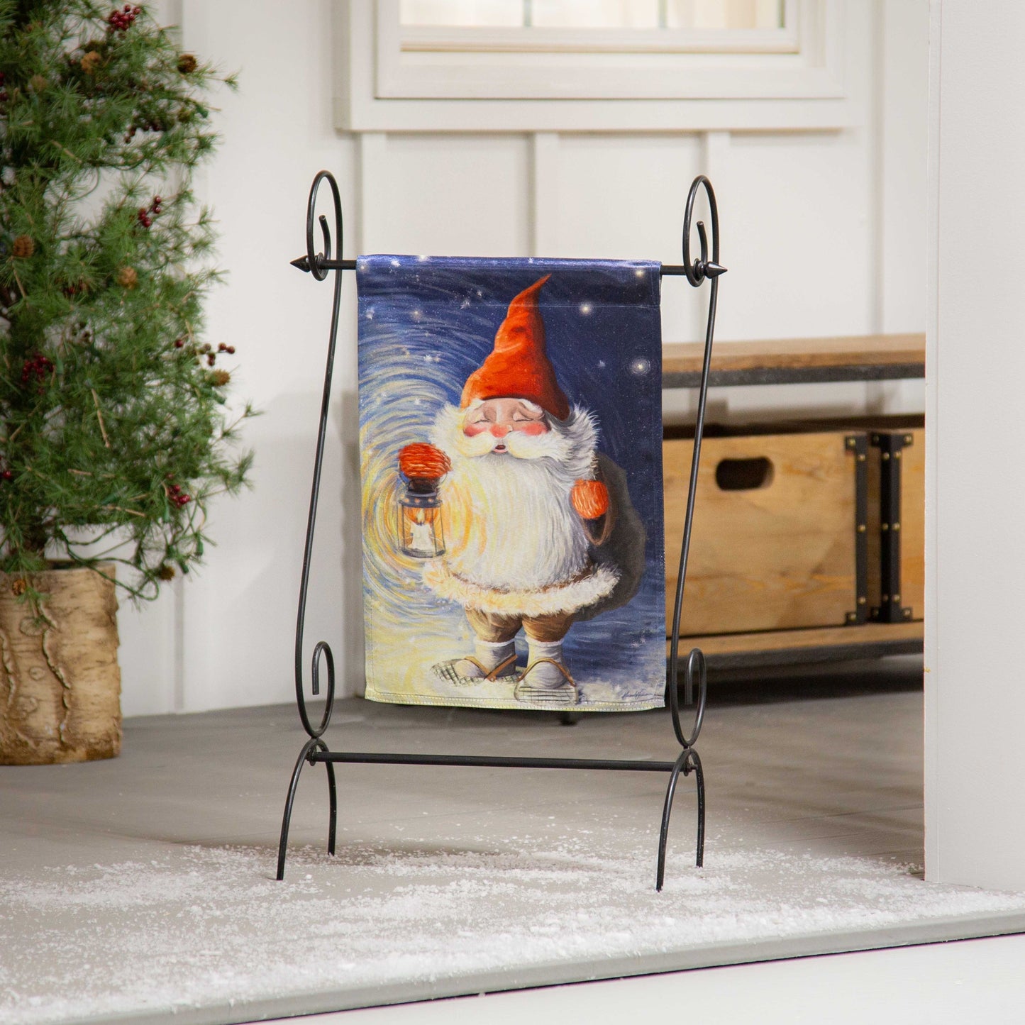 Santa Gnome Lustre Garden Flag; Linen Polyester 12.5"x18"