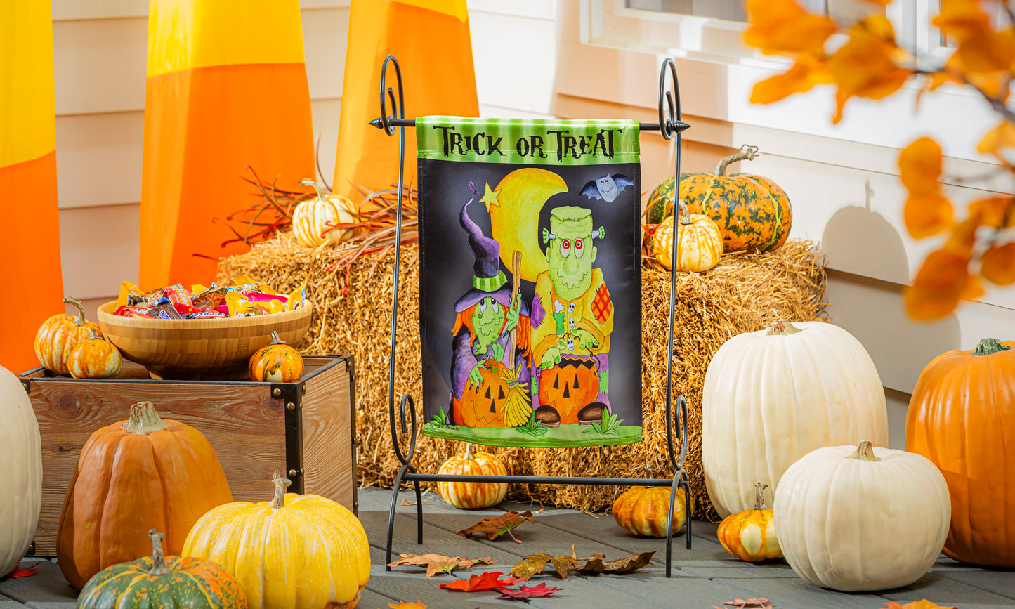 Scary Trick or Treat Lustre Garden Flag; Polyester 12.5"x18"
