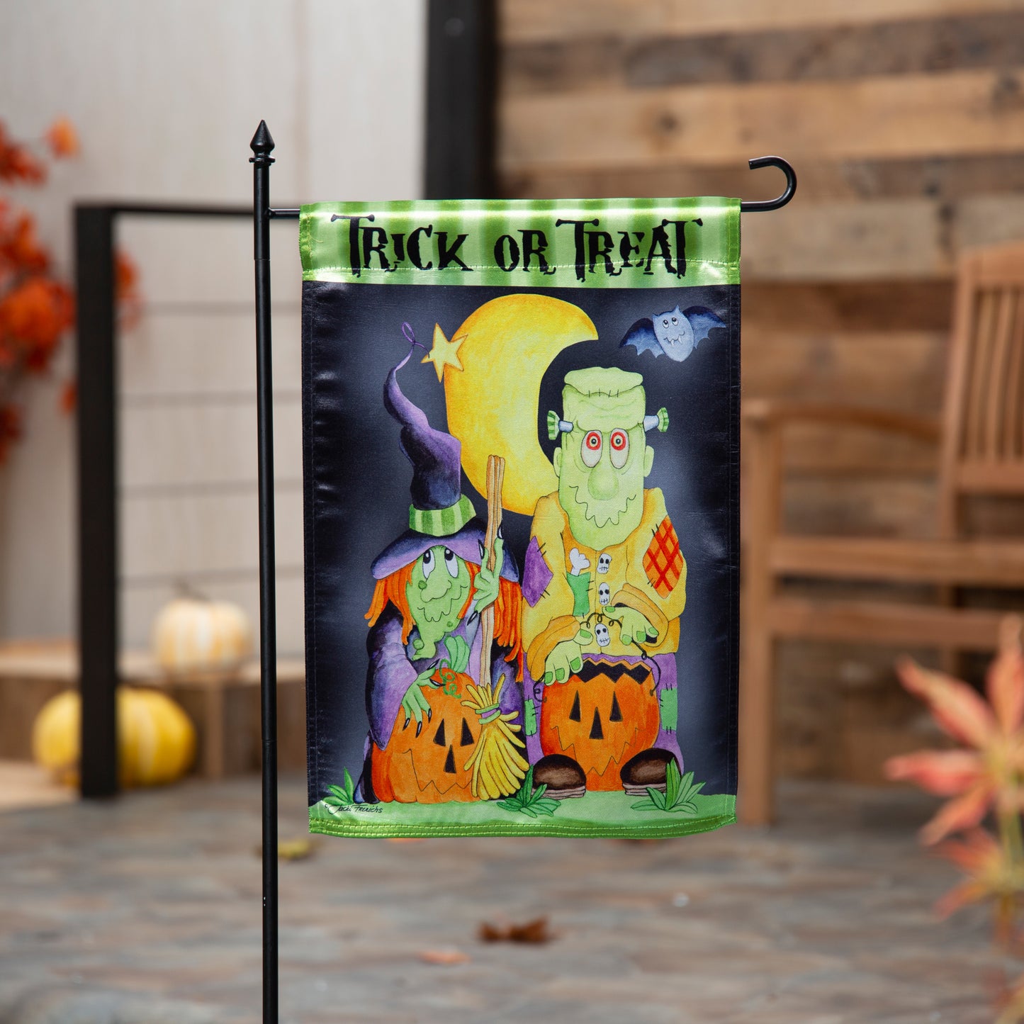 Scary Trick or Treat Lustre Garden Flag; Polyester 12.5"x18"