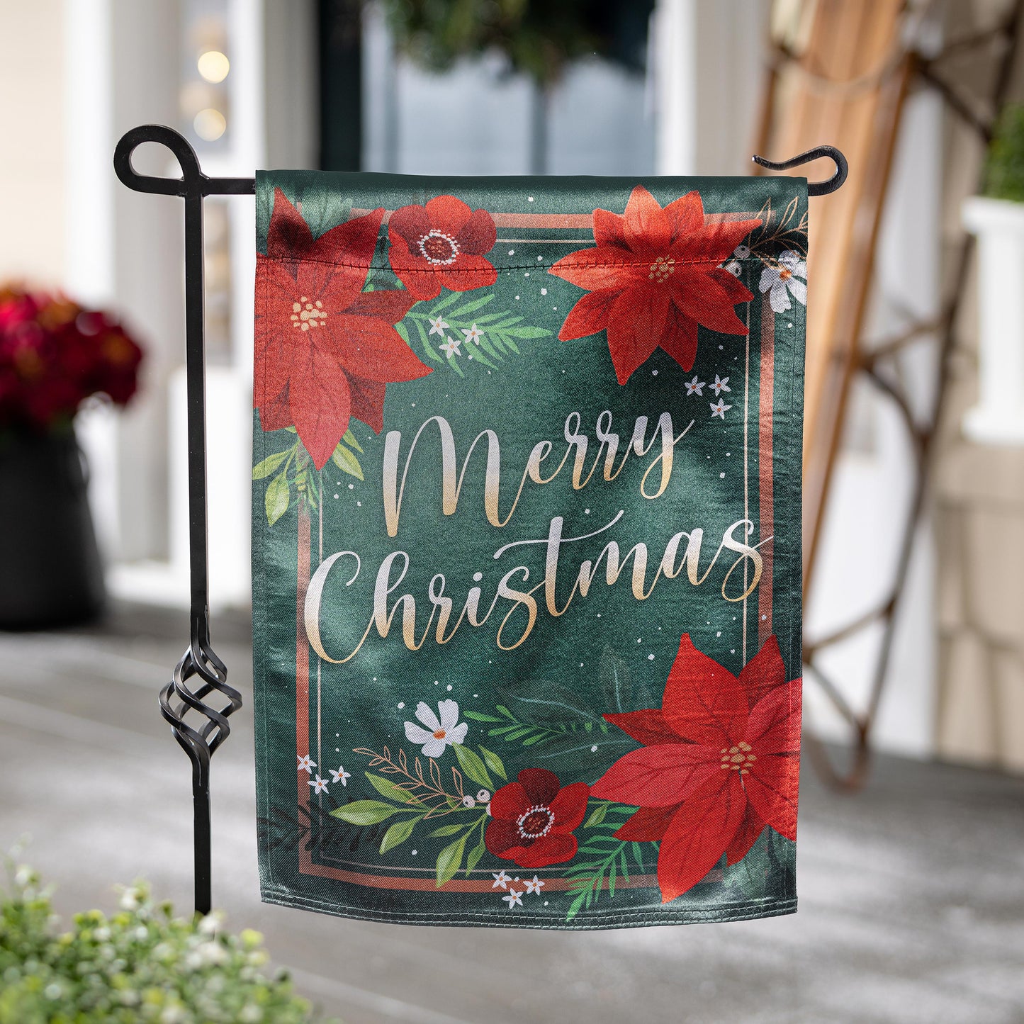 Floral Merry Christmas Lustre Garden Flag; Polyester 12.5"x18"