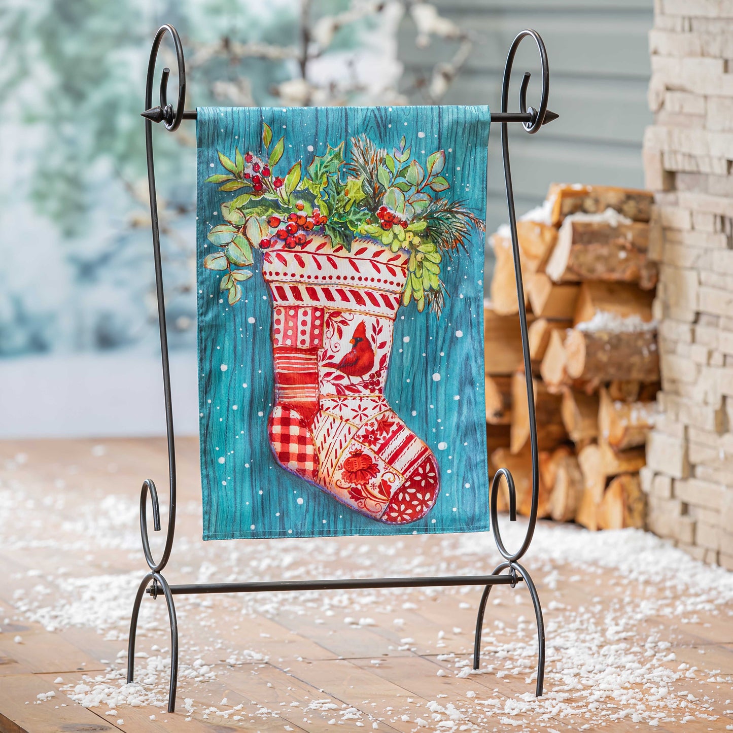 Christmas Stocking Printed Moire Garden Flag; Polyester 12.5"x18"
