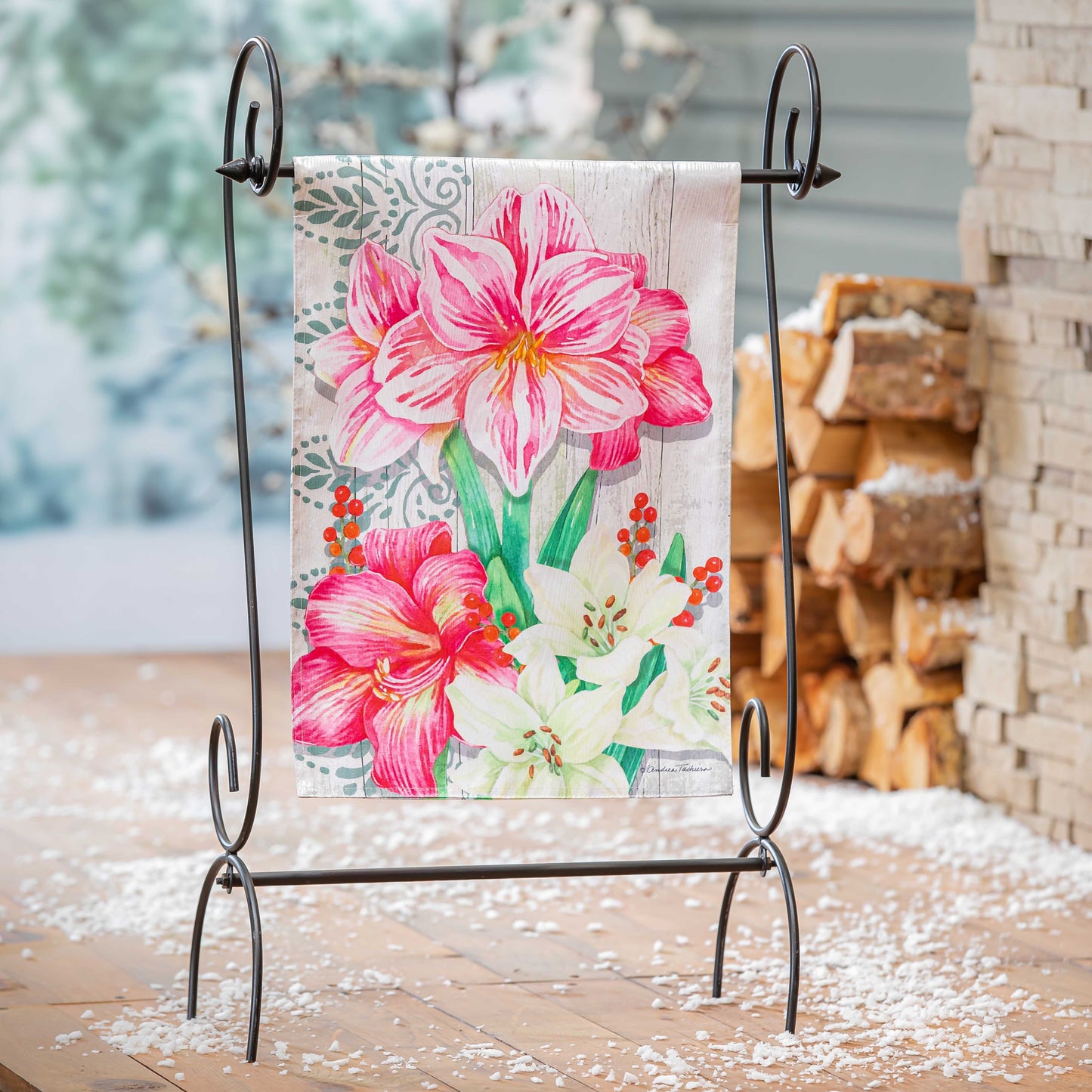 Pink Amaryllis Printed Moire Garden Flag; Polyester 12.5"x18"