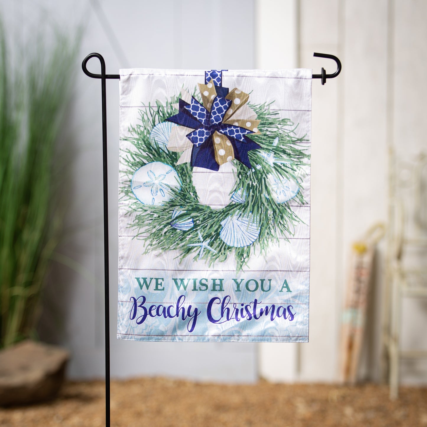Beachy Christmas Wishes Garden Flag; Polyester 12.5"x18"