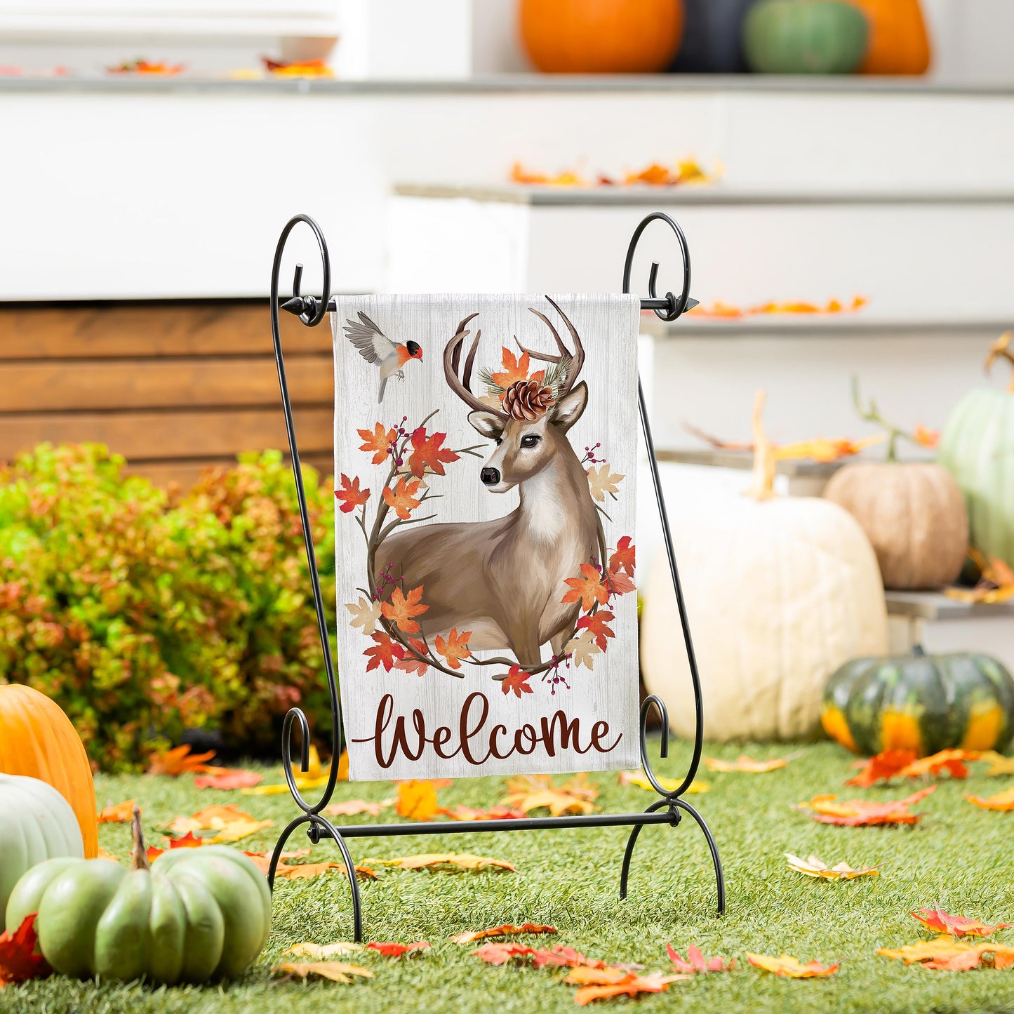 Autumn Deer Wreath Moire Garden Flag; Polyester 12.5"x18"