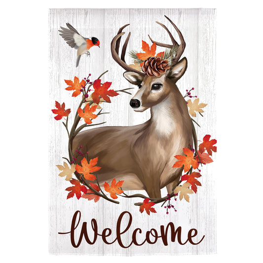 Autumn Deer Wreath Moire Garden Flag; Polyester 12.5"x18"