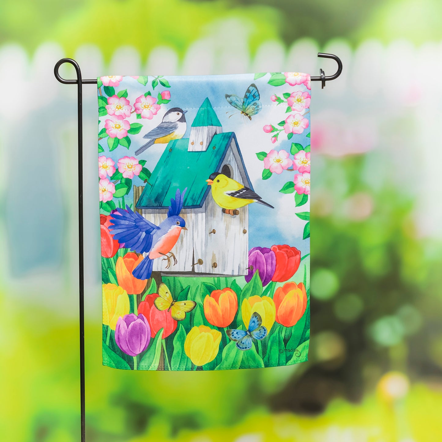 Birdhouse Blooms Suede Garden Flag; Polyester 12.5"x18"