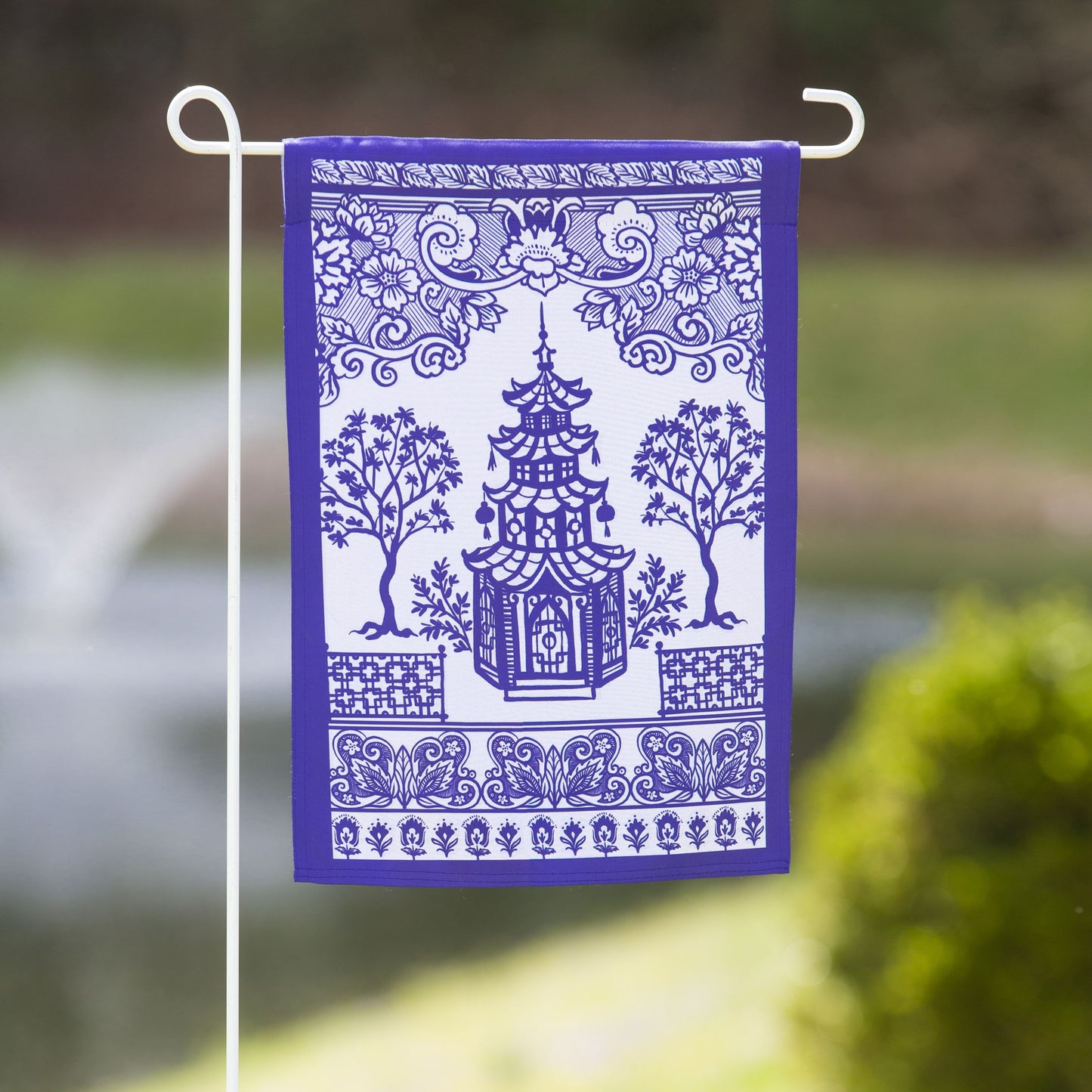 Blue and White Pagoda Garden Flag