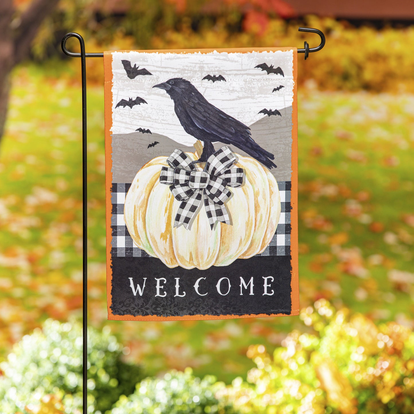 White Pumpkin with Black Crow Garden Flag