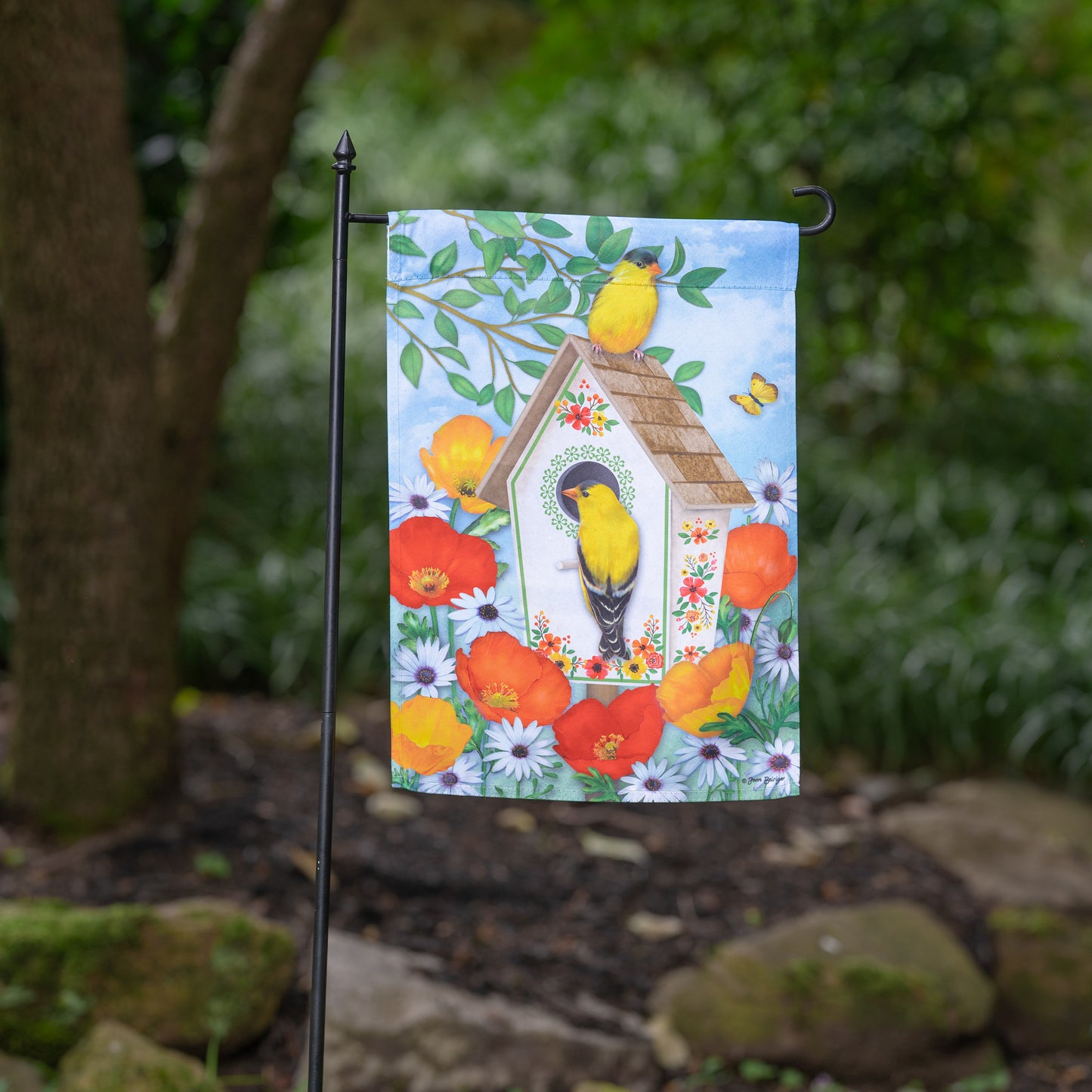 Yellow Finches Suede Garden Flag; Polyester 12.5"x18"