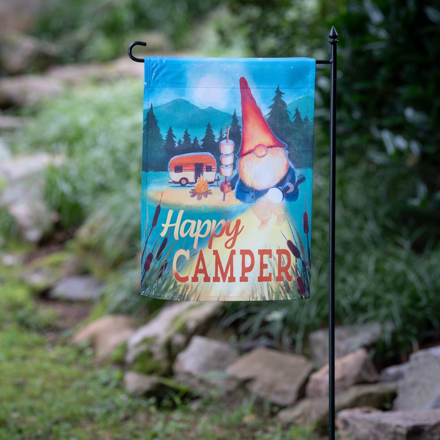 Gnome Happy Camper Suede Garden Flag; Polyester 12.5"x18"