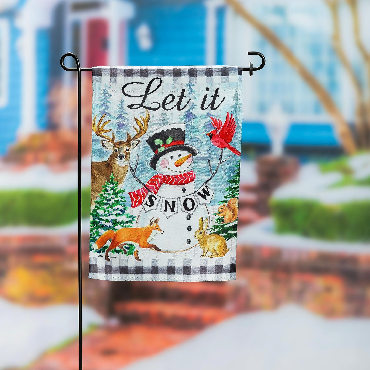 Let it Snow Snowman & Woodlands Printed Suede Garden Flag; Polyester 12.5"x18"