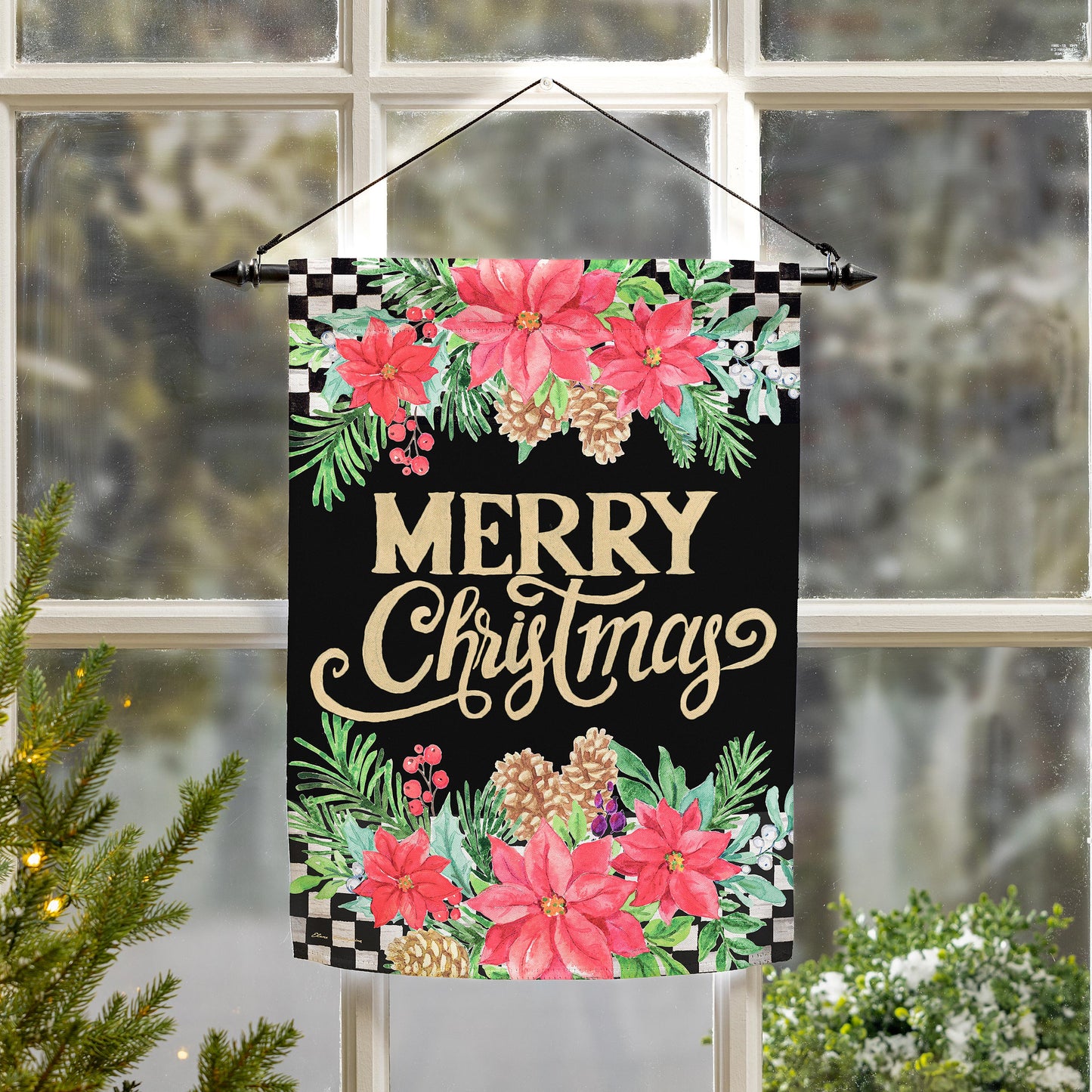 Floral Checkered Merry Christmas Printed Suede Garden Flag; Polyester 12.5"x18"