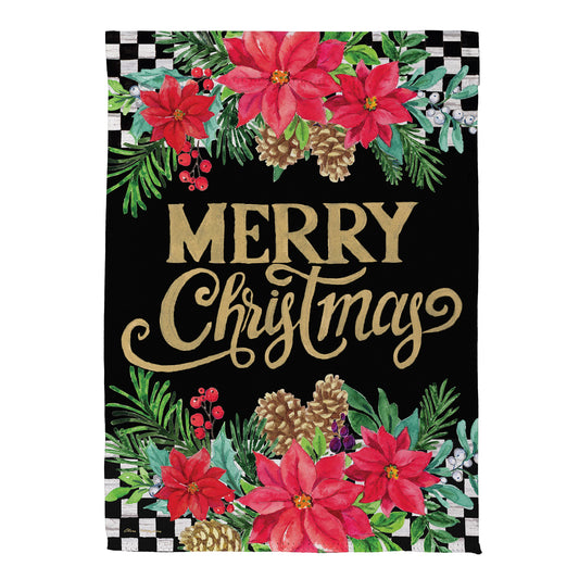 Floral Checkered Merry Christmas Printed Suede Garden Flag; Polyester 12.5"x18"