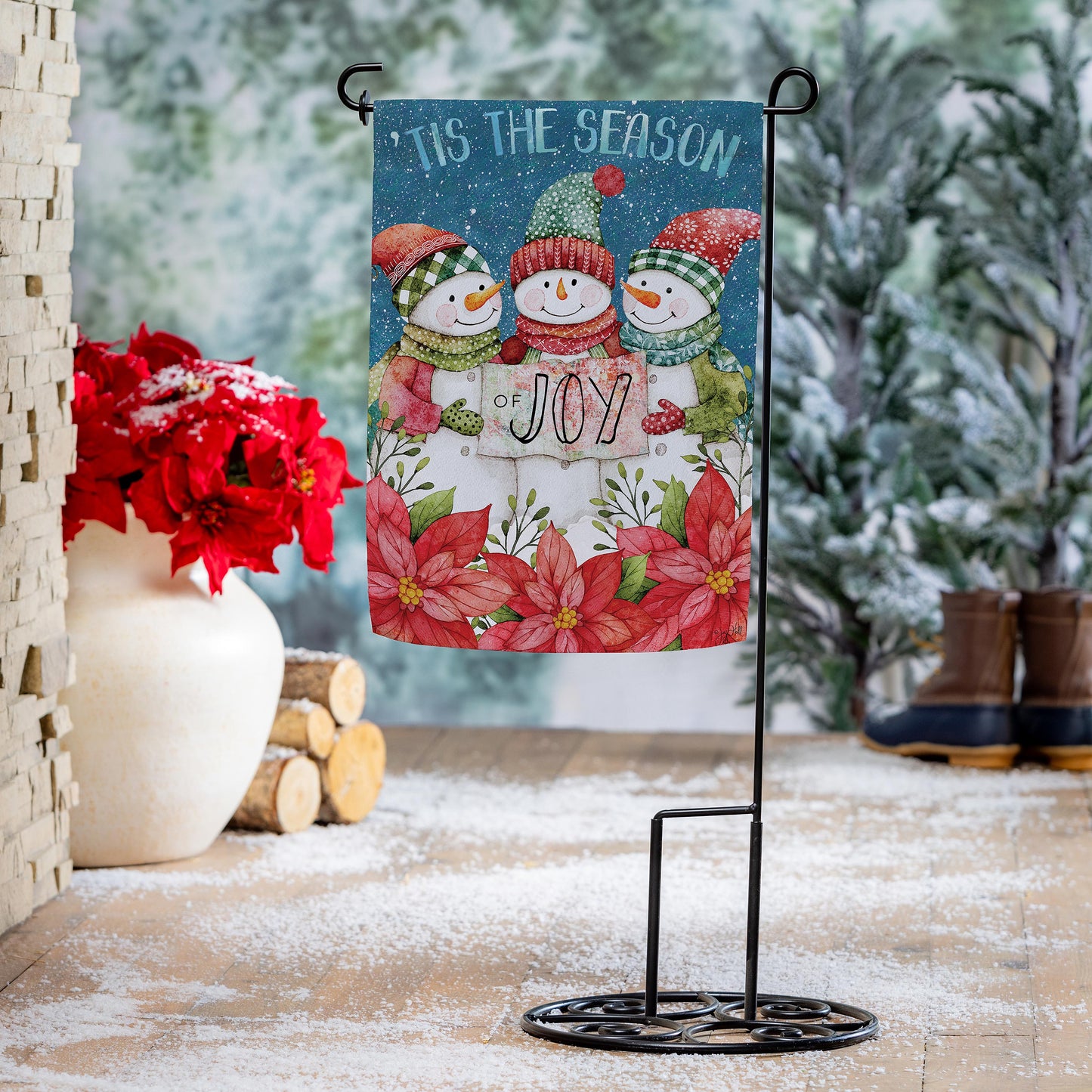 Christmas Cheer Snowmen Printed Suede Garden Flag; Polyester 12.5"x18"