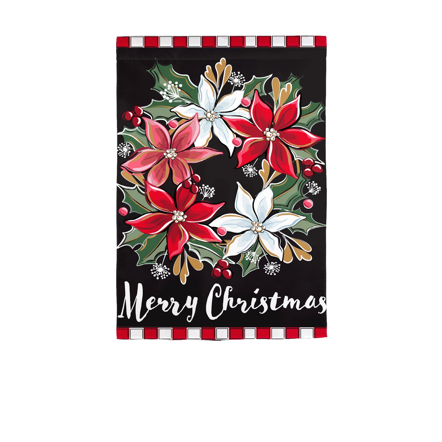 Poinsettia Wreath Applique House Flag; Polyester 28"x44"