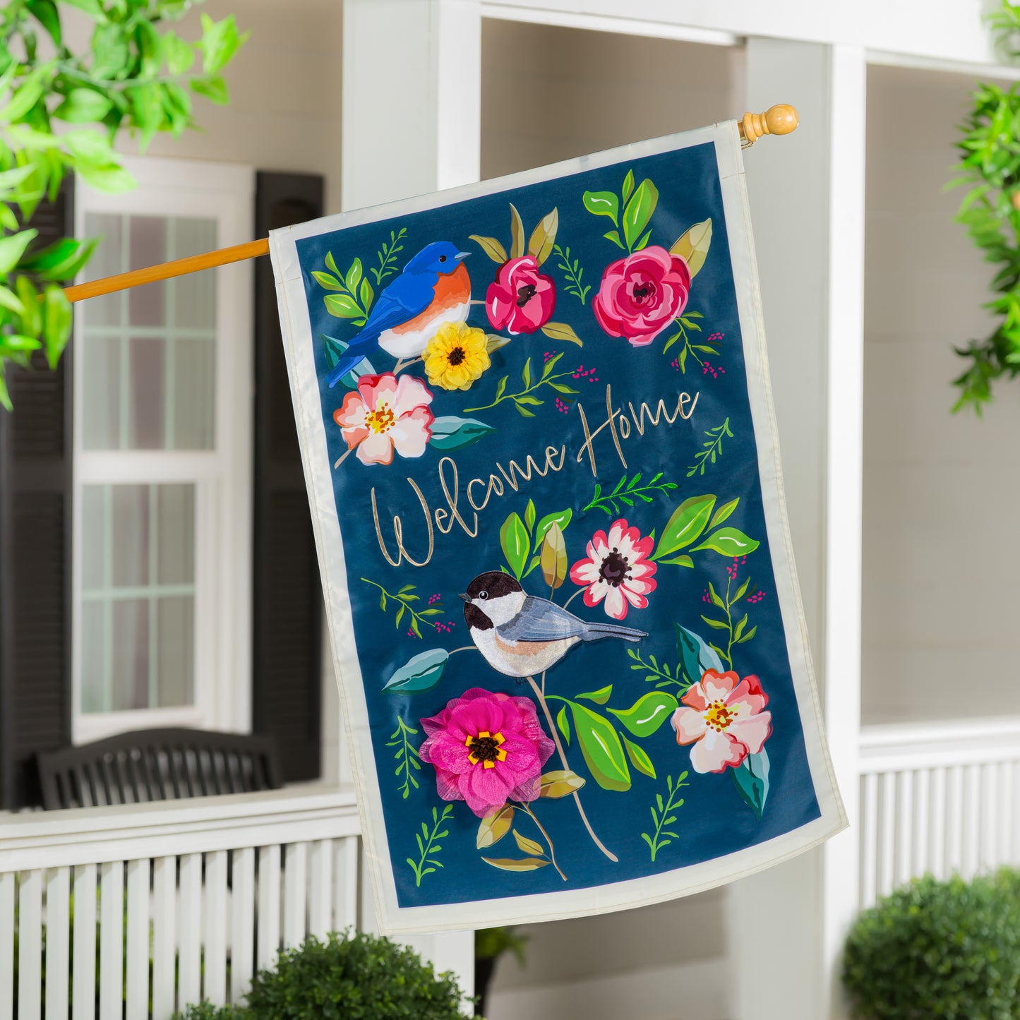 Welcome Home Song Birds Applique House Flag; Polyester 28"x44"