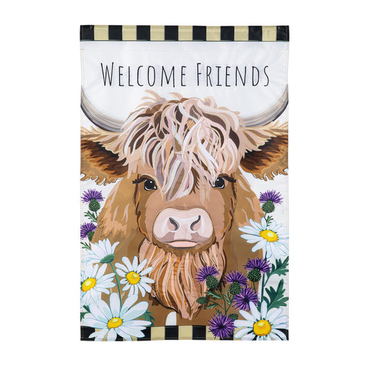Highland Cow Welcome Friends Printed/Applique House Flag; Polyester 28"x44"