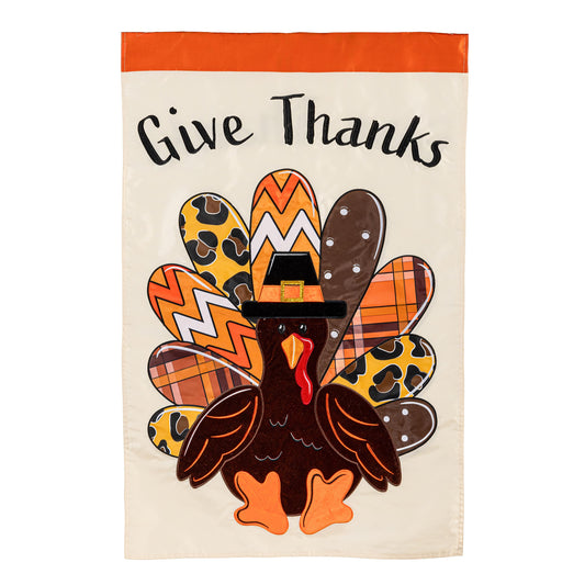 Give Thanks Patterned Turkey Printed/Applique House Flag; Polyester 28"x44"