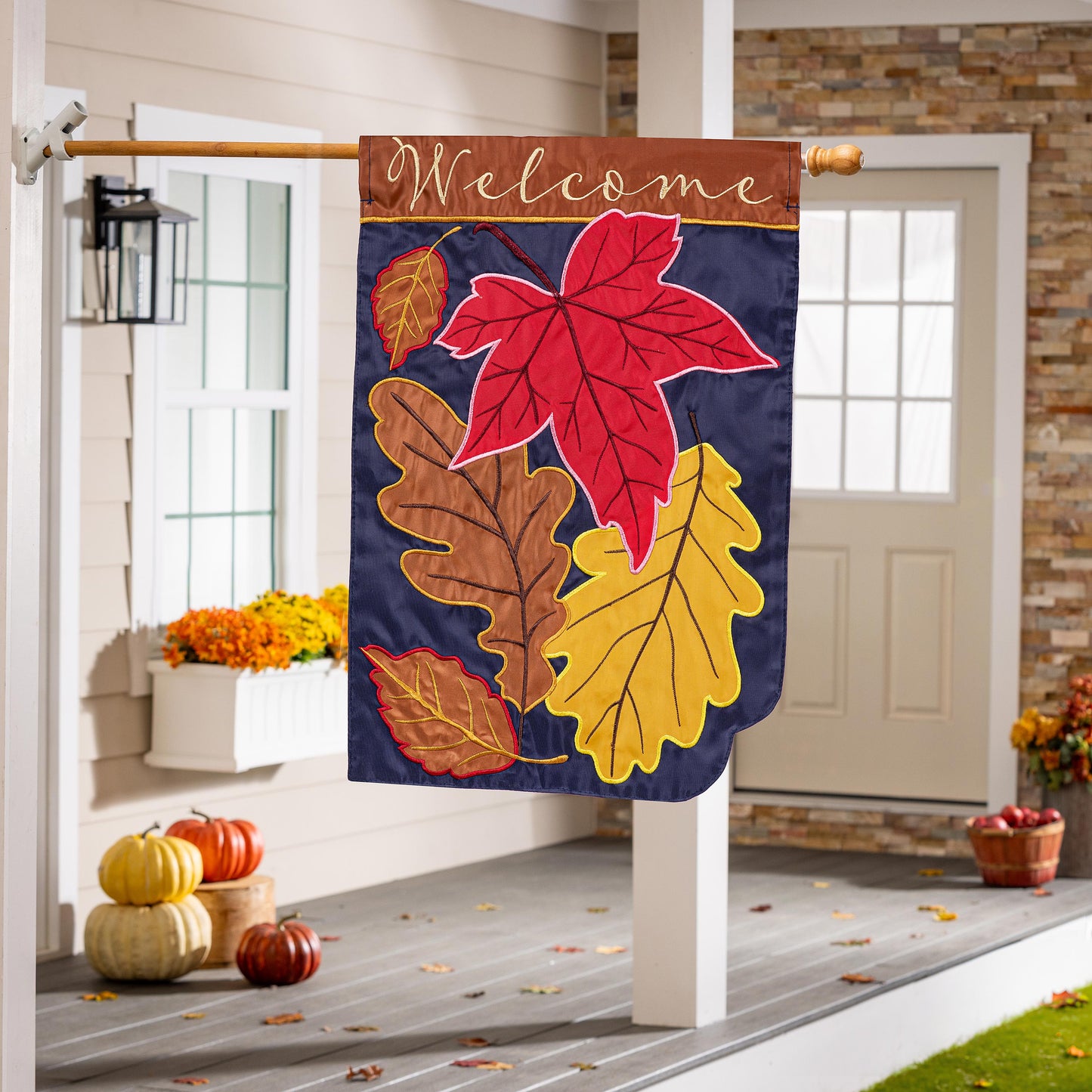 Fall Leaves on Navy Printed/Applique House Flag; Polyester 28"x44"