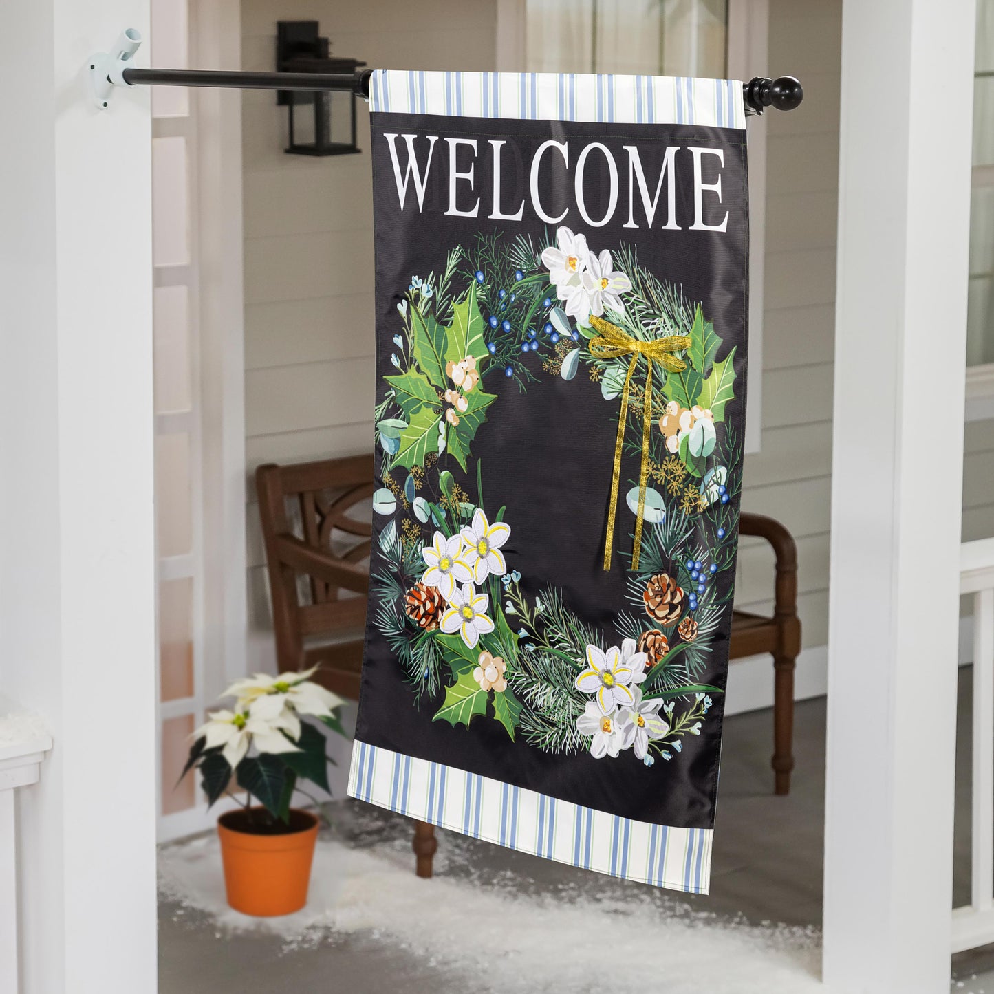 Winter Foliage Welcome Printed/Applique House Flag; Polyester 28"x44"
