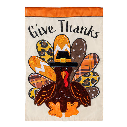 Give Thanks Patterned Turkey Printed/Applique Garden Flag; Polyester 12.5"x18"