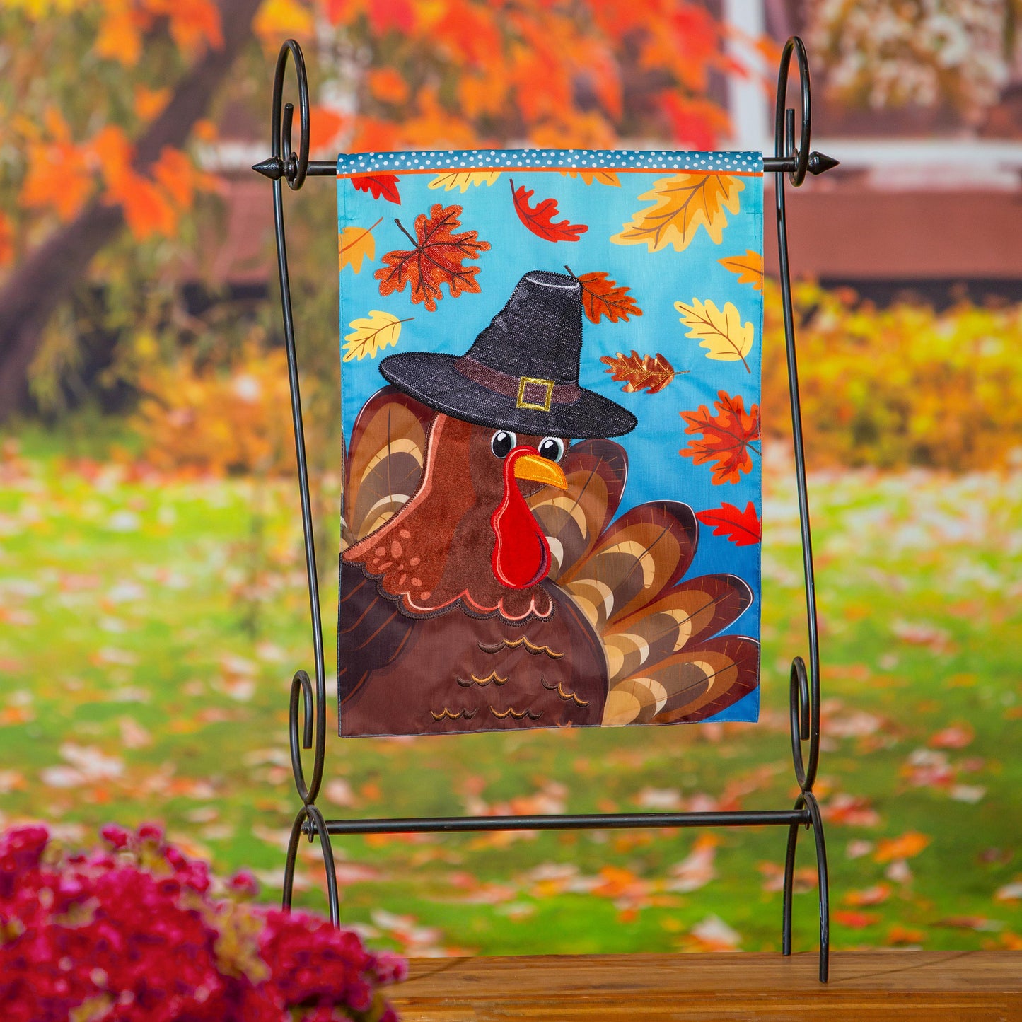 Turkey Time Applique Garden Flag; Polyester 12.5"x18"